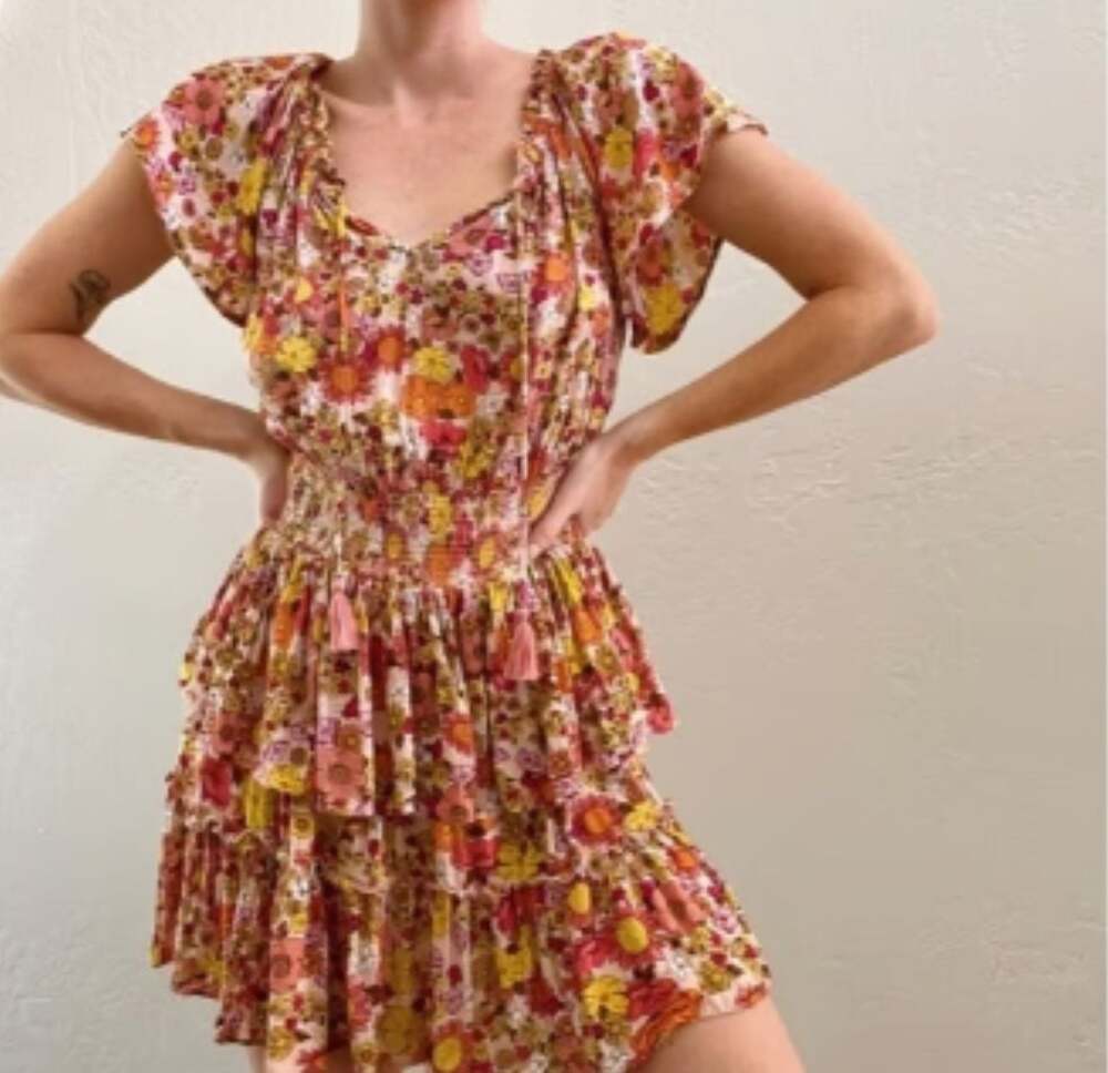Patrons of Peace Boho Floral Smocked Waist Flutter Sleeve Mini Dress XS